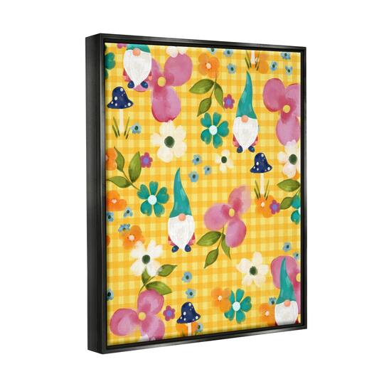 Stupell Industries Yellow Tartan Patterned Spring Gnomes Mushrooms Floater Framed Art